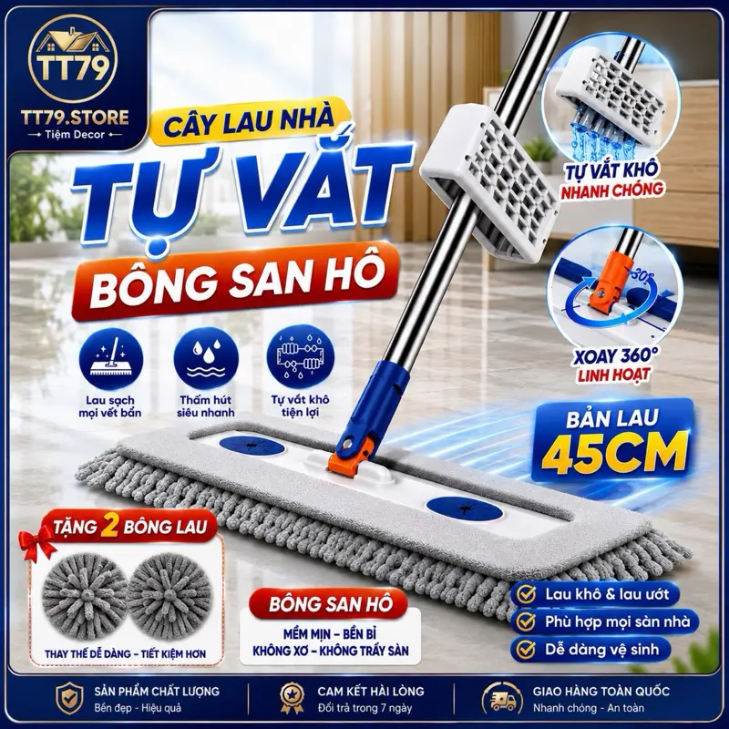 (1 Chổi + 2 Bông Lau) Cây Lau Nhà San Hô TT79 45x12CM Xoay 360 Độ Tặng Kèm 2 Miếng Lau San Hô (Không Kèm Xô)-TT79
